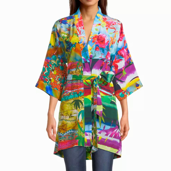 Robert Graham Silk-Blend Jamie Collage Floral Print Kimono or Houserobe L-XL - Picture 2 of 14